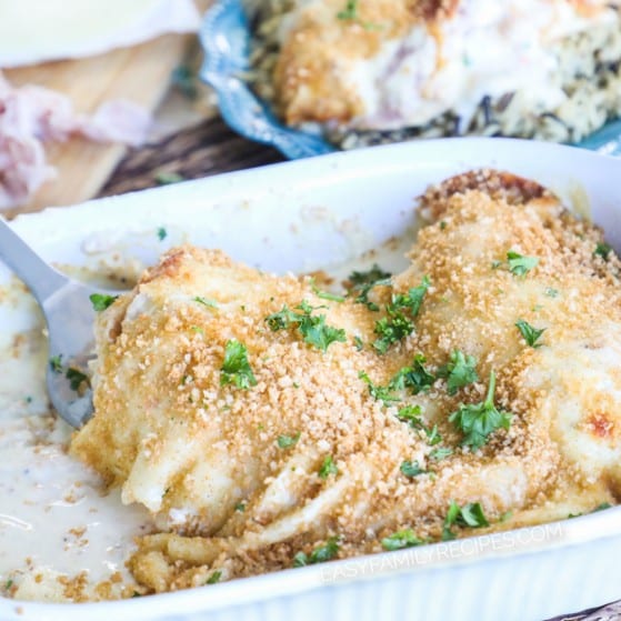 Chicken Cordon Bleu Casserole covered in cheese and bread crumbs and ready to serve.