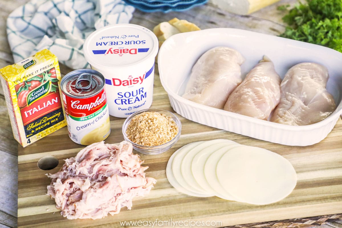 Ingredients for making Chicken Cordon Bleu Casserole