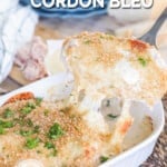 Serving chicken cordon bleu with cheese pull.