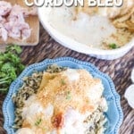 Chicken Cordon Bleu casserole served over rice.