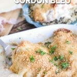 Chicken cordon bleu casserole recipe prepared in a baking dish on table.