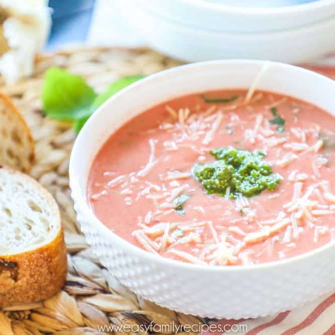 Creamy Slow Cooker Tomato Soup On placemat in bowl
