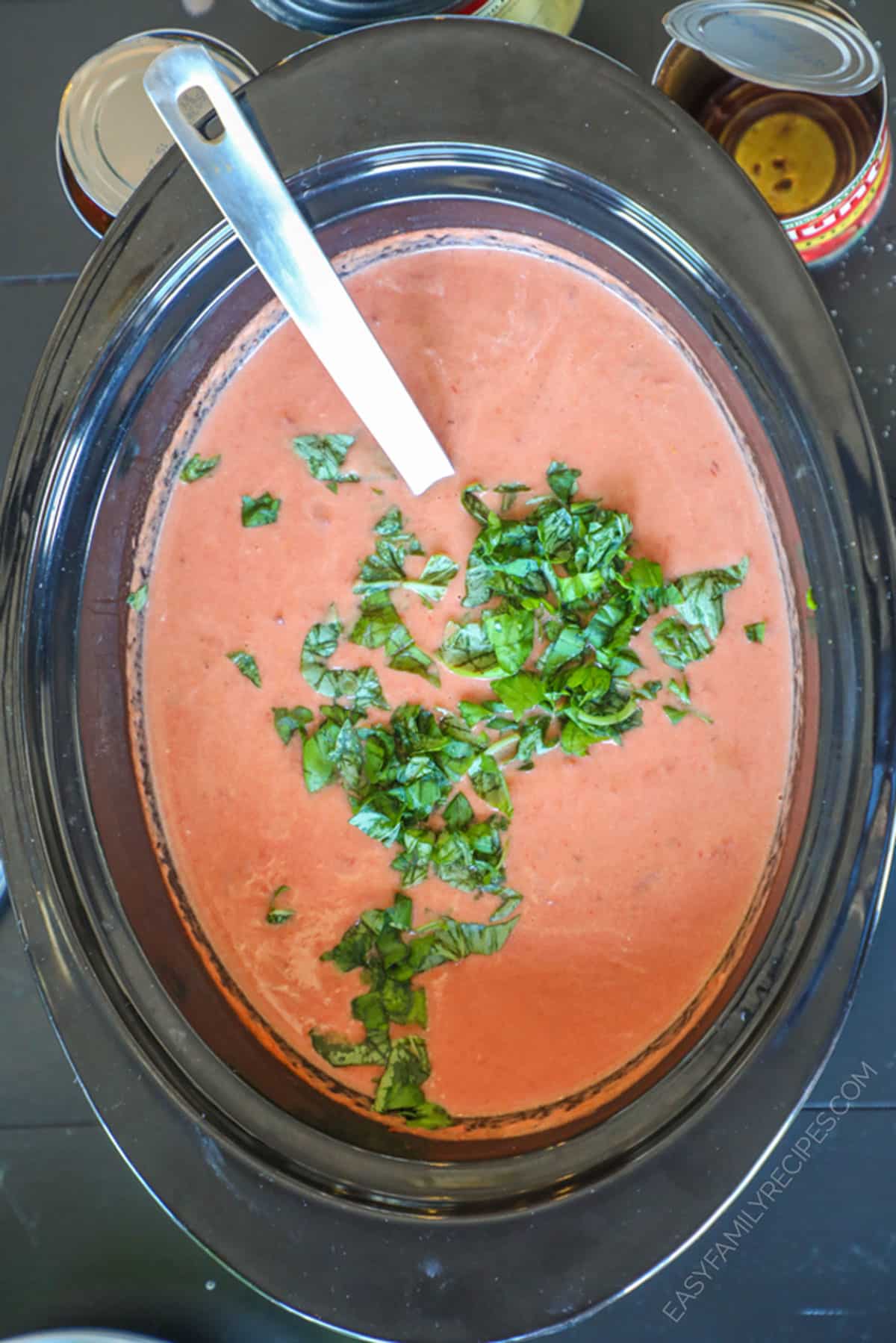 overhead picture of a crockpot filled with creamy tomato soup with basil on top