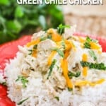 Creamy Green Chile Chicken topped with cheese and cilantro.