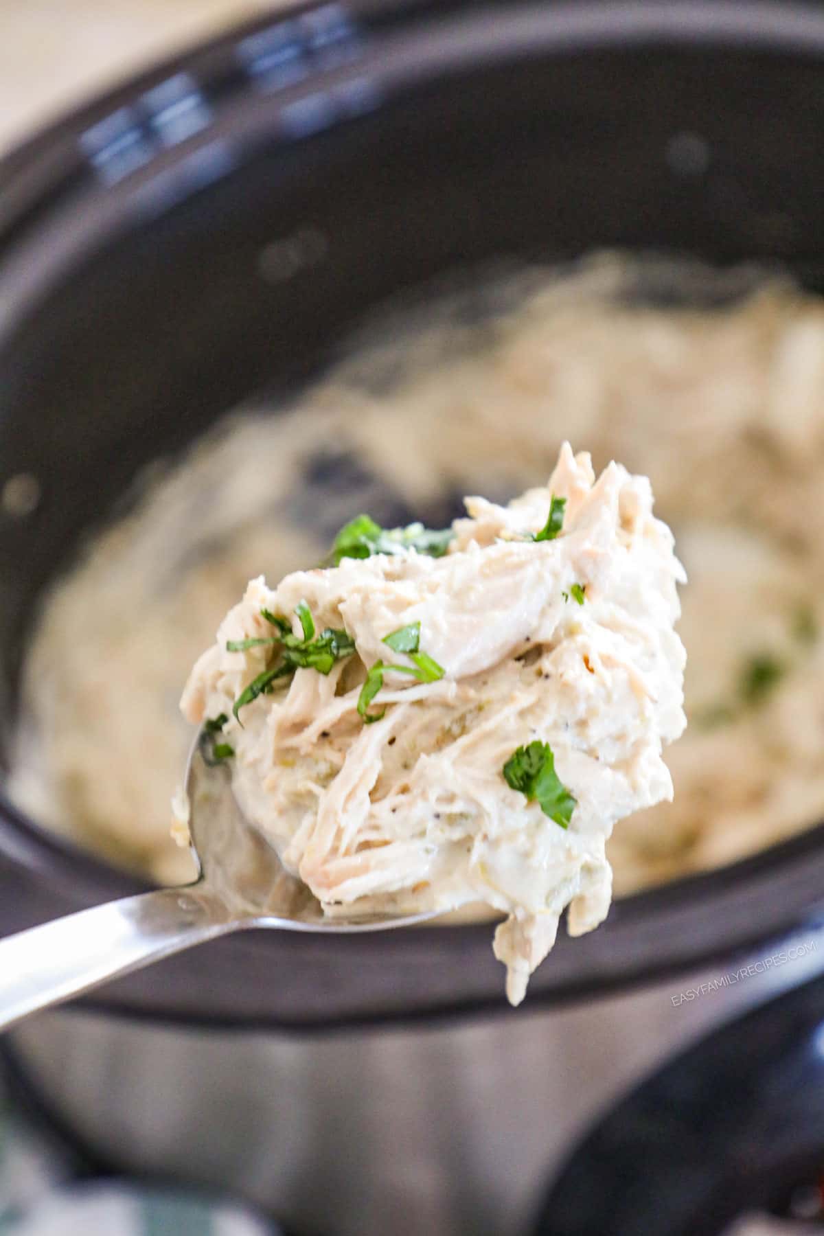 Spoonful of creamy green chile chicken lifted out of slow cooker.