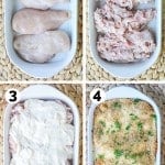 Process photos for how to make chicken cordon bleu casserole- 1. Lay chicken in a baking dish. 2. Cover with shaved ham. 3. mix sauce up and layer on top of the ham. 4. Finish with cheese and bread crumbs.