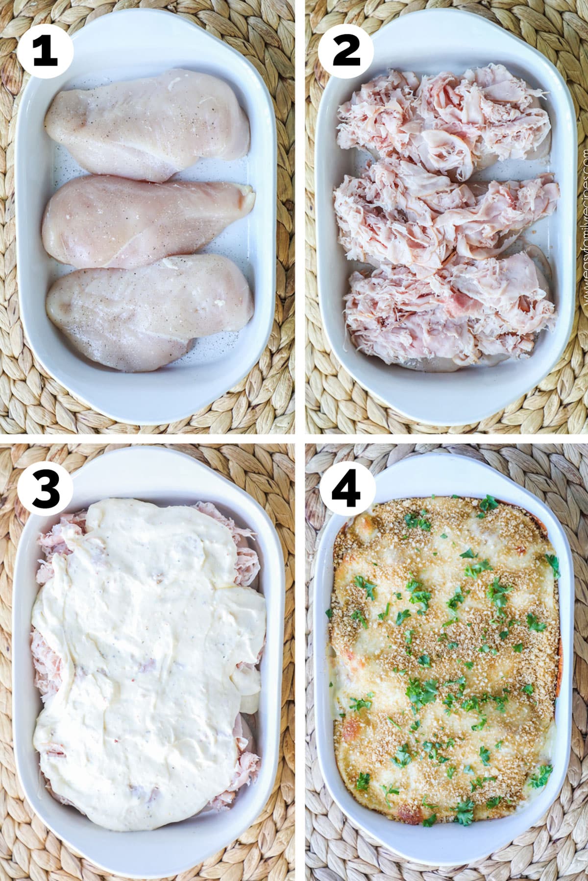 Process photos for how to make chicken cordon bleu casserole- 1. Lay chicken in a baking dish. 2. Cover with shaved ham. 3. mix sauce up and layer on top of the ham. 4. Finish with cheese and bread crumbs.