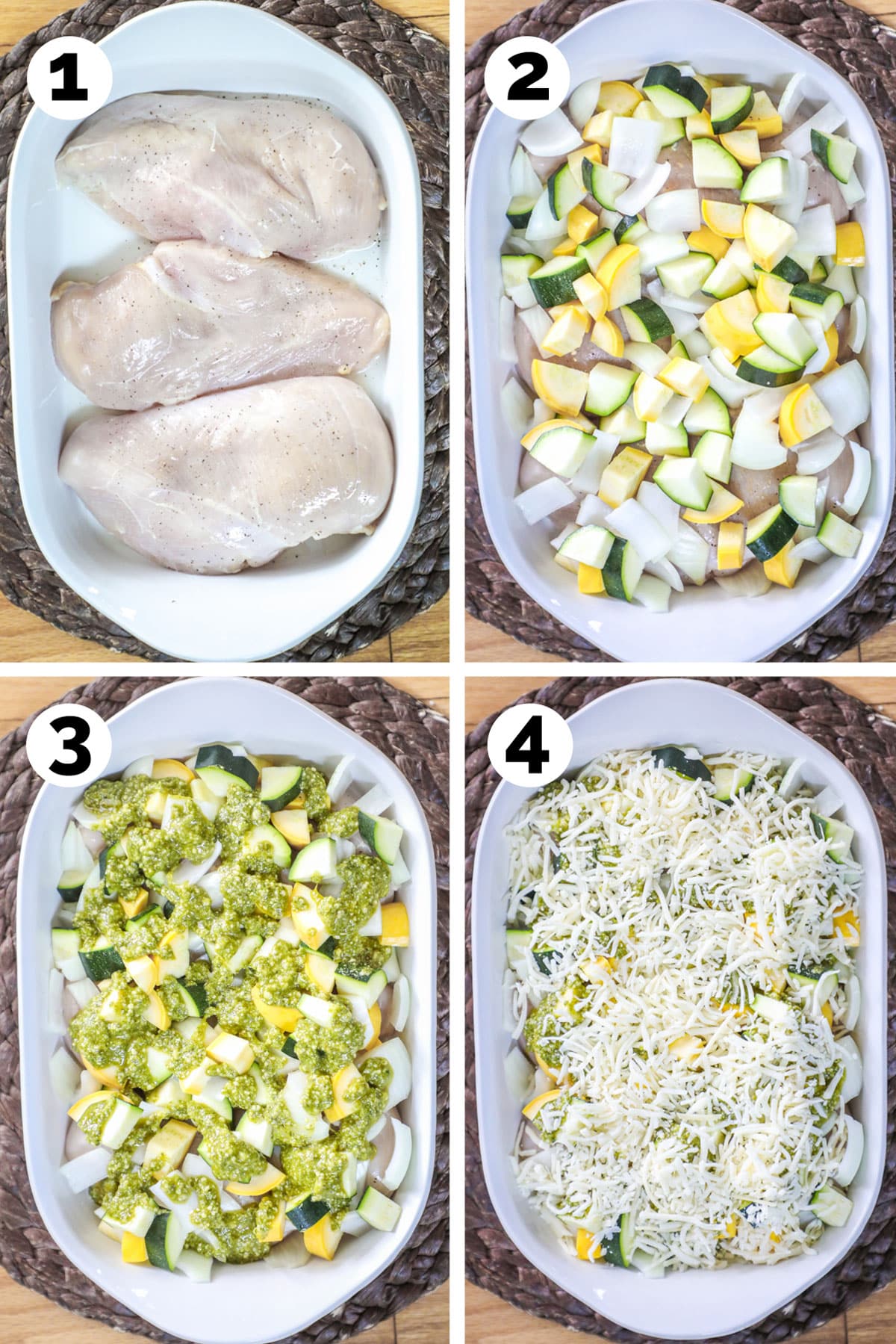Process shots for how to make Zucchini Chicken Casserole including chicken breast, zucchini, squash, onion, cheese, and pesto
