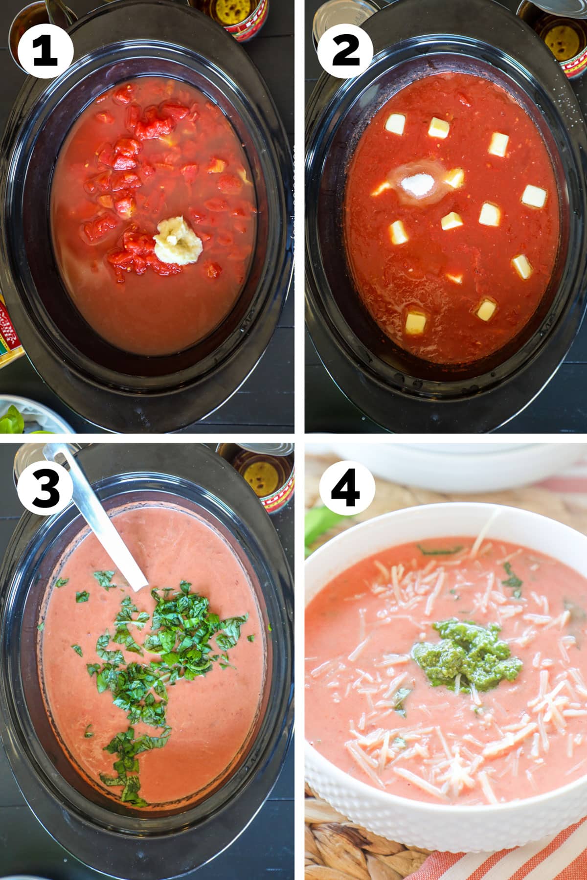 Process photos for how to make tomato basil soup in crockpot