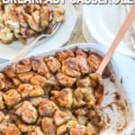 Apple Fritter Christmas Breakfast Casserole in a baking dish with a wooden spoon