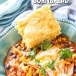 Mexican cornbread served on the side of a bowl of chili