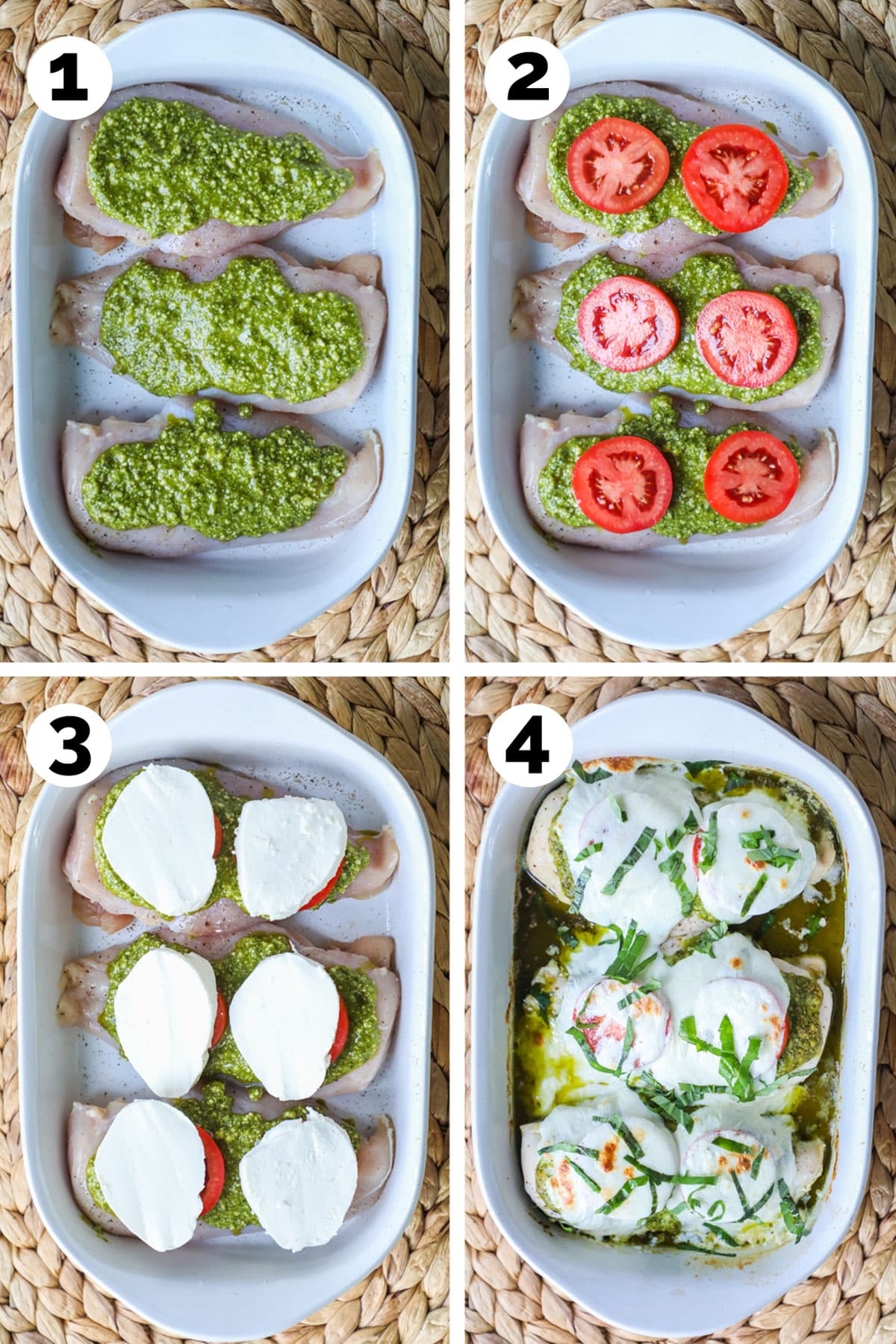 process photos for how to make caprese chicken: 1. Spread basil pesto over the chicken breast. 2. layer on sliced tomato. 3. Add sliced fresh mozzarella cheese. 4. Bake, then garnish with fresh basil