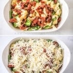 4 step by step images of Tuscan Garlic Chicken - 1. Raw chicken in casserole dish 2. Ingredients all inside the casserole dish (sundried tomatoes, artichoke, spinach, chicken and garlic) 3. Tuscan Garlic Chicken casserole topped with mozzarella cheese 4. Baked Tuscan Garlic Chicken in a white casserole dish