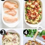 4 step by step images of Tuscan Garlic Chicken - 1. Raw chicken in casserole dish 2. Ingredients all inside the casserole dish (sundried tomatoes, artichoke, spinach, chicken and garlic) 3. Tuscan Garlic Chicken casserole topped with mozzarella cheese 4. Baked Tuscan Garlic Chicken in a white casserole dish