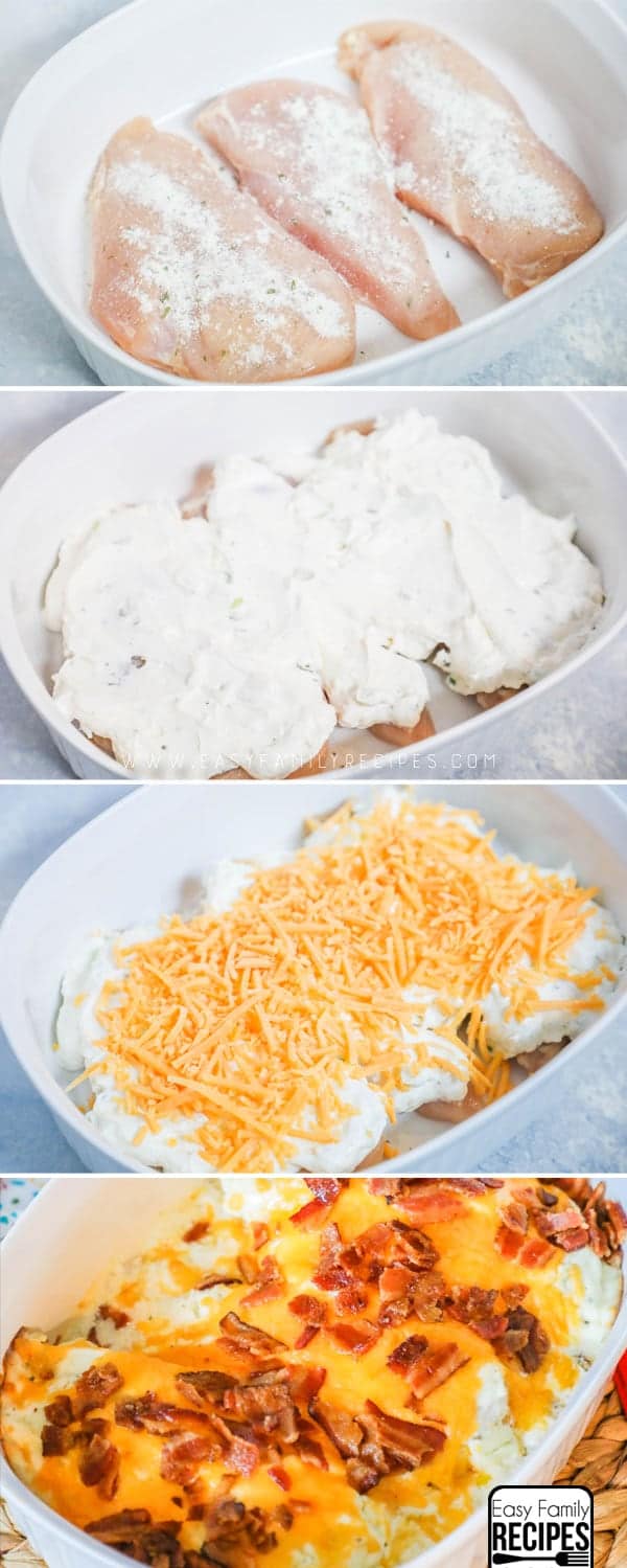 How to Make Chicken Bacon Ranch Casserole Step by Step- Place chicken in casserole dish, spread on ranch mixture, top with cheese, bake and add bacon at the end.