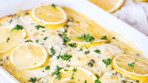 Lemon Chicken Piccata Casserole recipe prepared in a casserole dish.