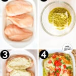 Process photos for how to make baked creamy pesto chicken.