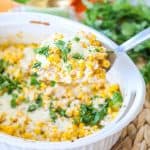 Super Easy Mexican Street Corn Casserole topped with queso fresco.