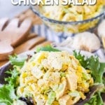 Easy Curry Chicken Salad prepared on mixed greens.