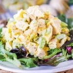 Curry chicken salad recipe prepared with raisins and ready to eat.