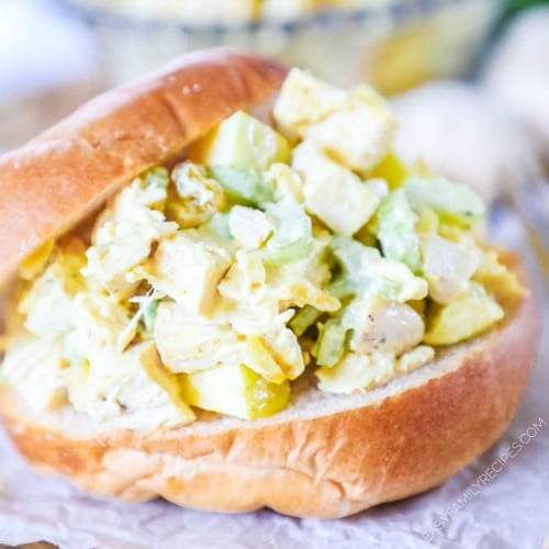 Curry Chicken salad sandwich served on a roll