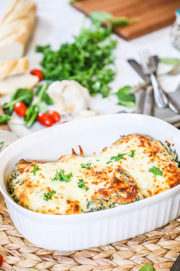 How to make Spinach and Feta Chicken Step 4: Bake until chicken is cooked through and cheese is melted.