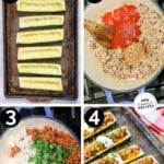 Process photos for how to make taco zucchini boats
