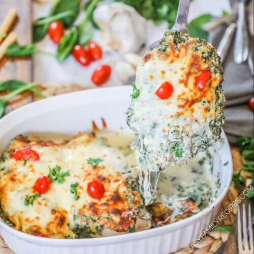 Creamy Spinach and Feta Chicken baked and ready for an easy dinner.