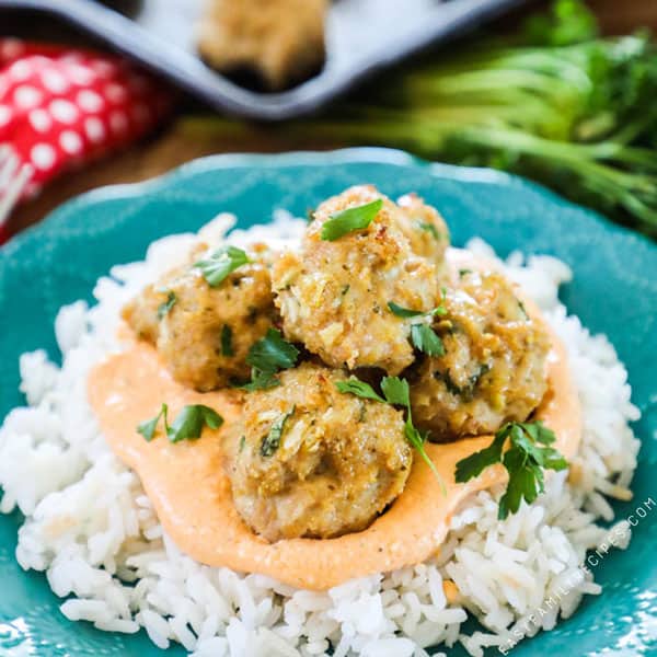Homemade Chicken Meatballs served with rice!