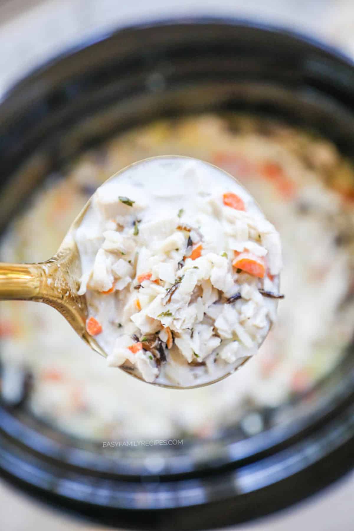 Ladle of creamy chicken wild rice soup made in crockpot