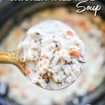Crockpot Chicken WIld Rice Soup in a ladle