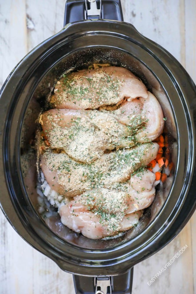 chicken wild rice soup in crockpot. Step 2: Add the chicken breast and seasonings to the crockpot