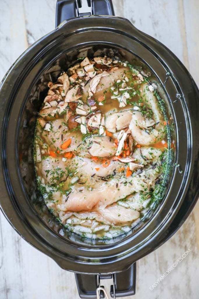 chicken wild rice soup in crockpot. Step 3: Pour broth over everything in the slow cooker. Cover and cook.