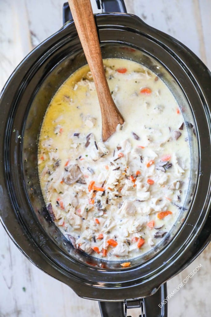 chicken wild rice soup in crockpot. Step 4: Remove chicken and shred, pour in the heavy cream, and then add chicken back in .