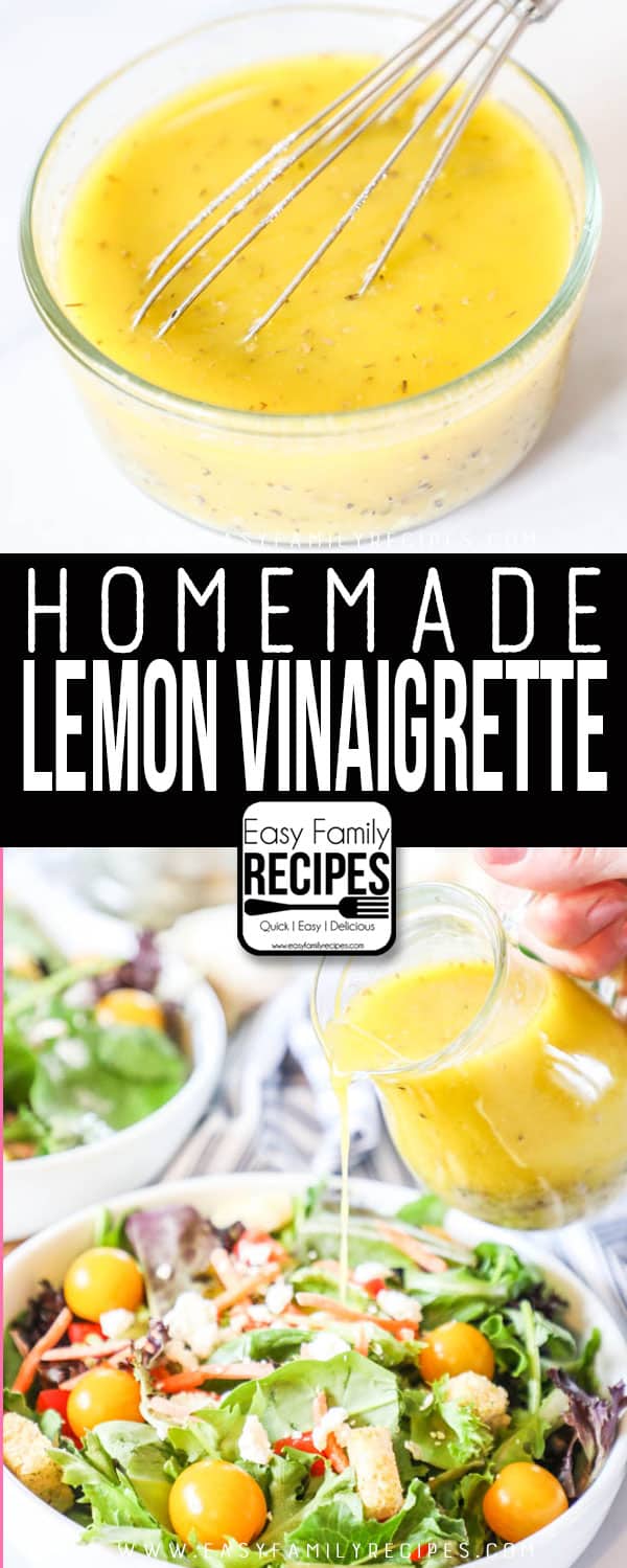 Homemade Lemon Vinaigrette in a bowl and on a salad
