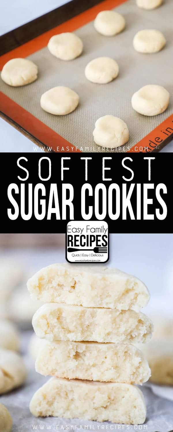The Best Soft Sugar Cookies on a cookie sheet and baked and stacked up