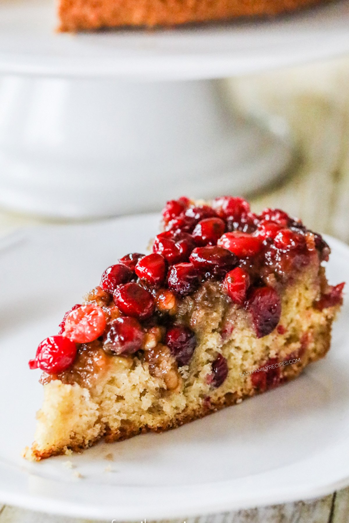 Perfect slice of Cranberry upside down cake ready to eat.