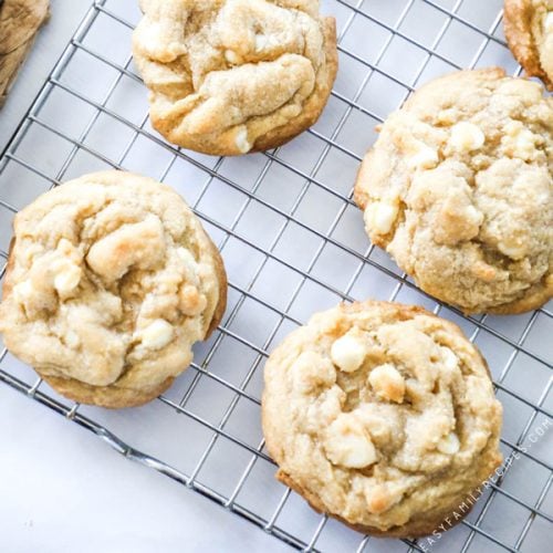 Chewy White Chocolate Macadamia Nut Cookies on Cooling rack
