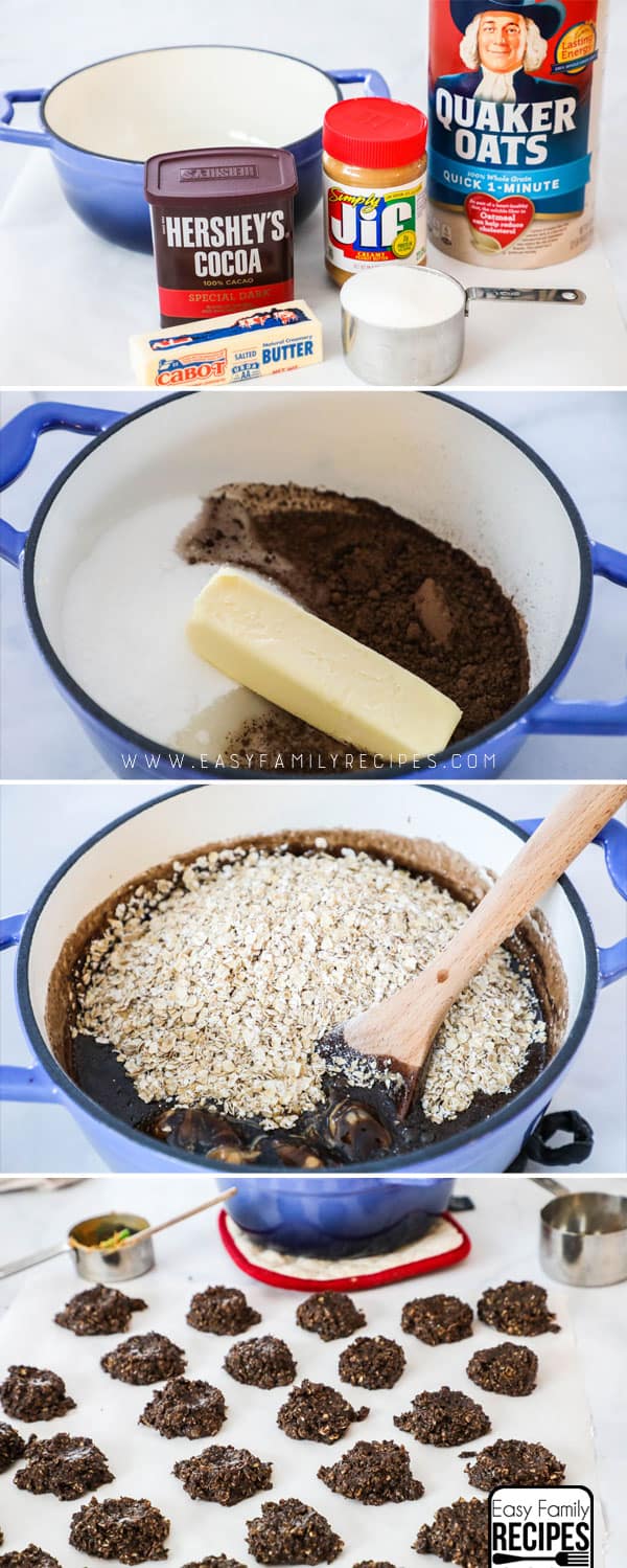 How to Make No Bake Cookies - Step 1: Gather ingredients, cocoa, sugar, butter, peanut butter milk and oatmeal. Step 2: Boil the milk, butter, sugar and cocoa. Step 3: Mix in peanut butter, oatmeal and vanilla. Step 4: Drop by tablespoonfuls to cool.