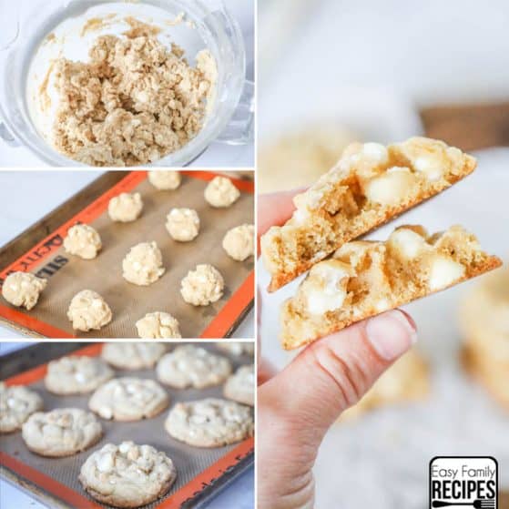 Soft White Chocolate Macadamia Nut Cookies broken in half so you can see how thick and chewy they are