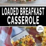 Two images of sausage hasbrowns breakfast casserole. top image is loaded casserole being prepped. bottom image is casserole on a spatula ready to serve.