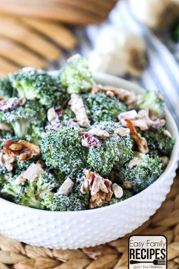 Cold Broccoli Salad with Bacon on table