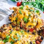 Cowboy chicken in a pan covered in cheese.