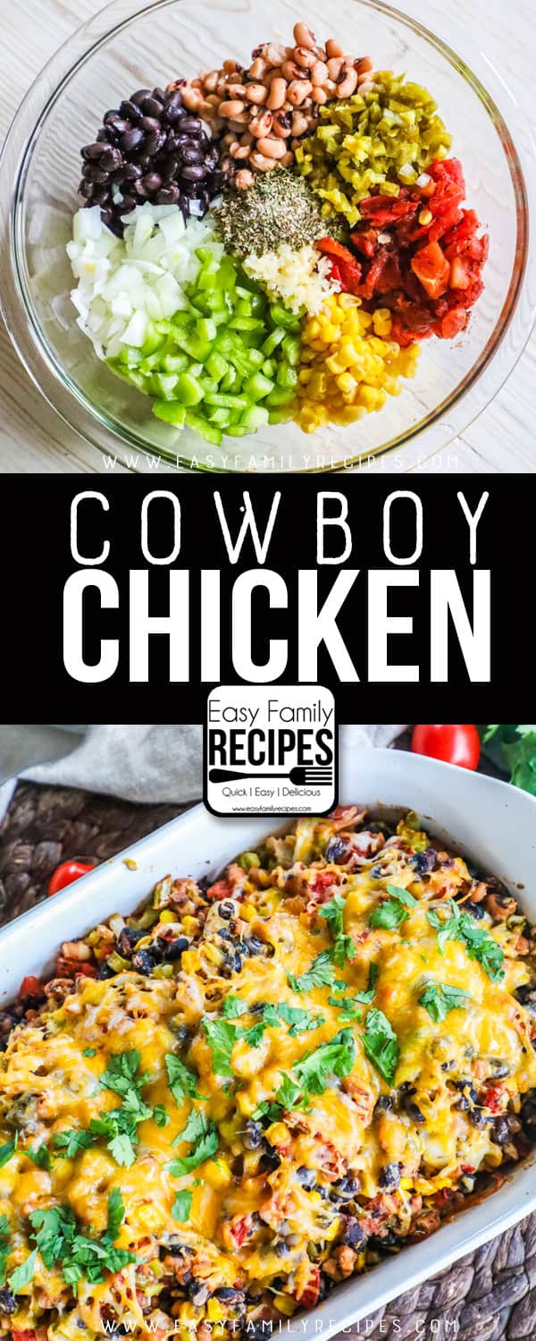 Cowboy Chicken has many wholesome ingredients including beans, black eyed peas, onions, green pepper, corn, and more!