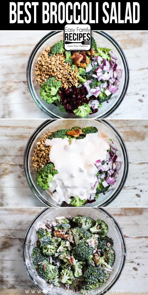 How to Make Broccoli Salad with Bacon: Step 1: Place ingredients in a bowl. Step 2: Mix dressing and add it to salad. Step 3: Mix dressing into salad until evenly coated.