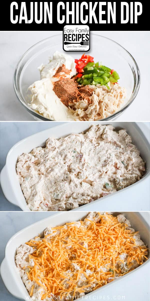 How to Make Cajun Chicken Dip - Step 1: Mix ingredients. Step 2: Spread in casserole dish. Step 3: Bake and garnish with green onions