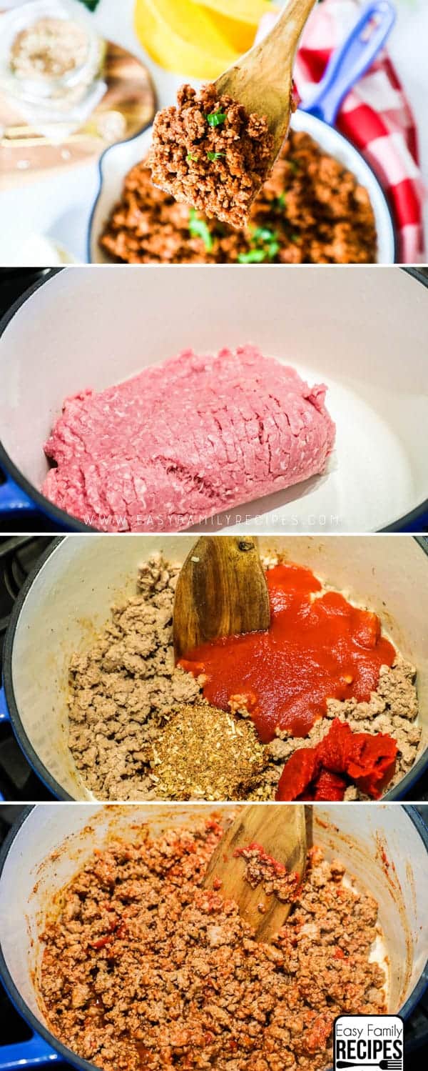 Steps in how to cook ground turkey tacos.
