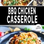 BBQ Chicken Casserole in a baking dish and then scooped out and served on a plate.