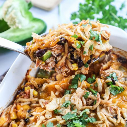 Shredded BBQ Chicken Casserole Recipe in casserole dish