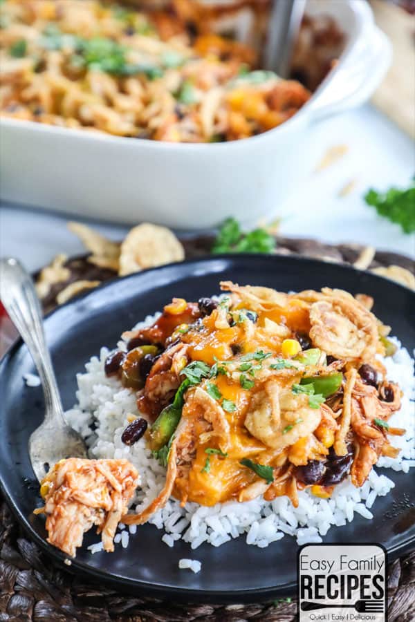 Shredded Barbecue Chicken Casserole served over rice
